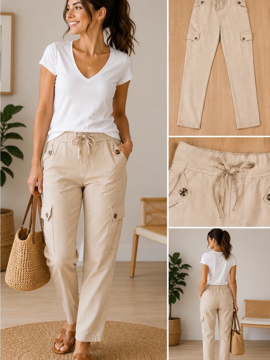 Others Pants - Women's Beige Cargo Joggers with Drawstring Waist